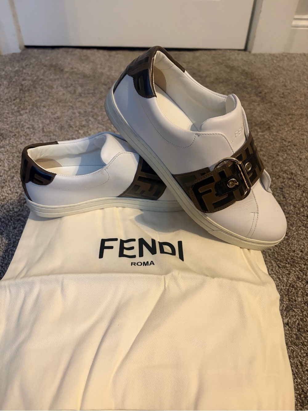 Fendi White Leather Slip-On Sneakers with Brown FF Logo Strap